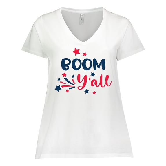 Inktastic 4th of July Boom Y'all with Red White and Blue Stars Women's Plus Size V-Neck T-Shirt