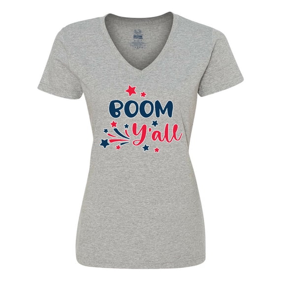 Inktastic 4th of July Boom Y'all with Red White and Blue Stars Women's V-Neck T-Shirt