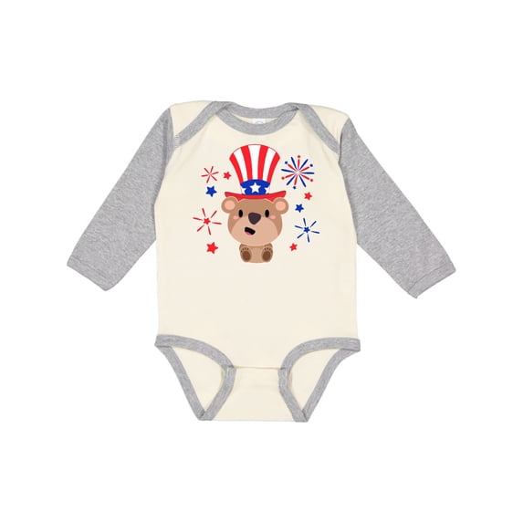 Inktastic 4th of July Cute Bear with Blue and Red Fireworks Boys or Girls Long Sleeve Baby Bodysuit