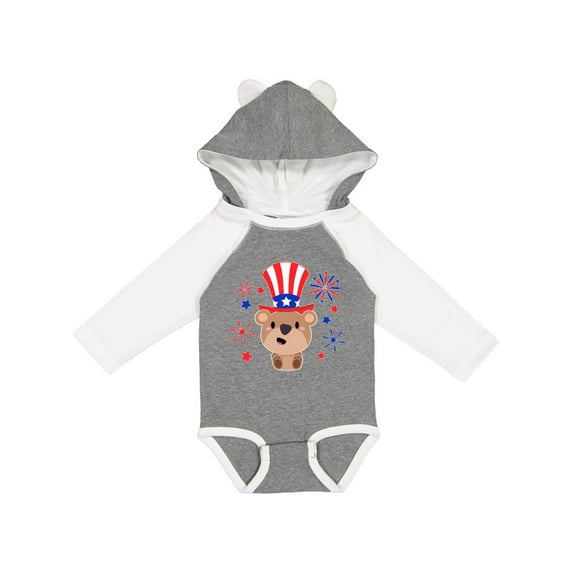 Inktastic 4th of July Cute Bear with Blue and Red Fireworks Boys or Girls Long Sleeve Baby Bodysuit