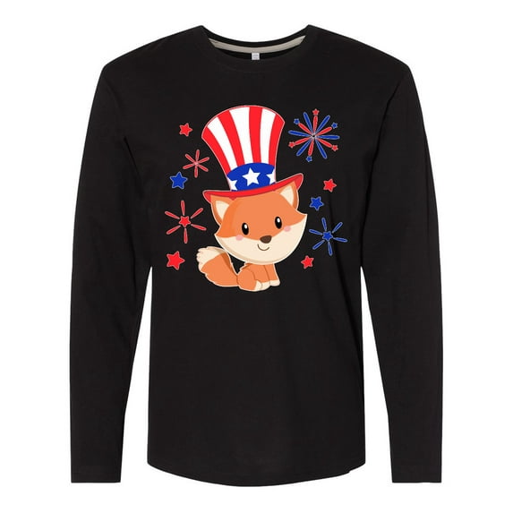Inktastic 4th of July Cute Fox with Blue and Red Fireworks Long Sleeve T-Shirt