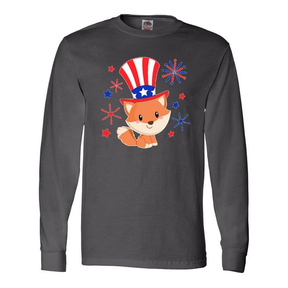 Inktastic 4th of July Cute Fox with Blue and Red Fireworks Long Sleeve T-Shirt