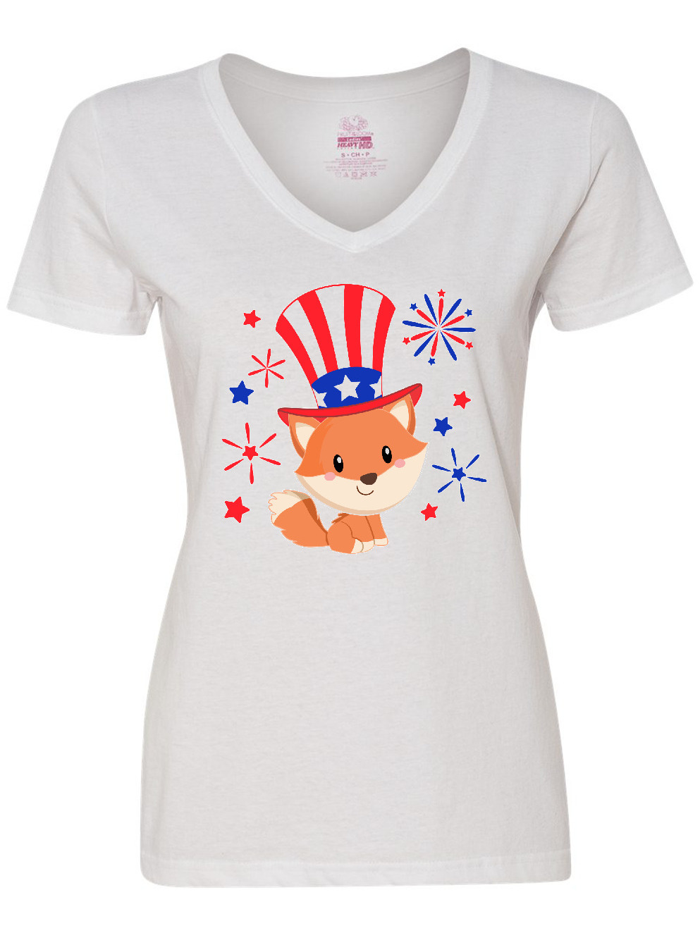 Inktastic 4th of July Cute Fox with Blue and Red Fireworks Women's V-Neck T-Shirt - image 1 of 4