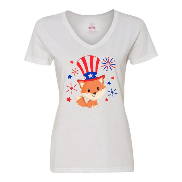 Inktastic 4th of July Cute Fox with Blue and Red Fireworks Women's V-Neck T-Shirt