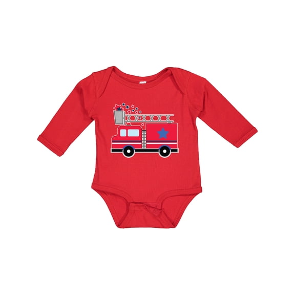 Inktastic 4th of July Firetruck with Red and Blue Stars Boys or Girls Long Sleeve Baby Bodysuit