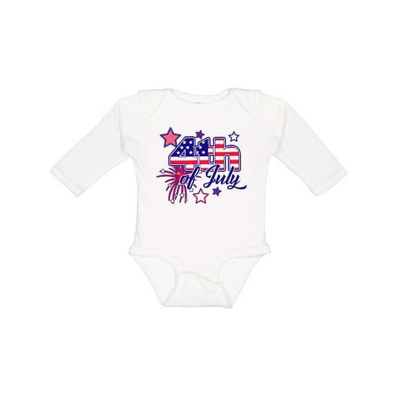 Inktastic 4th of July Fireworks Stars and American Flag Boys or Girls Long Sleeve Baby Bodysuit