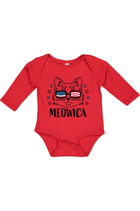4th of July Meowica Cat in Flag Sunglasses Boys or Girls Long Sleeve Baby Bodysuit