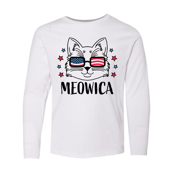 Inktastic 4th of July Meowica Cat in Flag Sunglasses Long Sleeve Youth T-Shirt