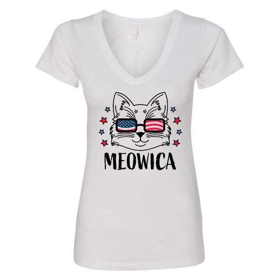 Inktastic 4th of July Meowica Cat in Flag Sunglasses Women's V-Neck T-Shirt
