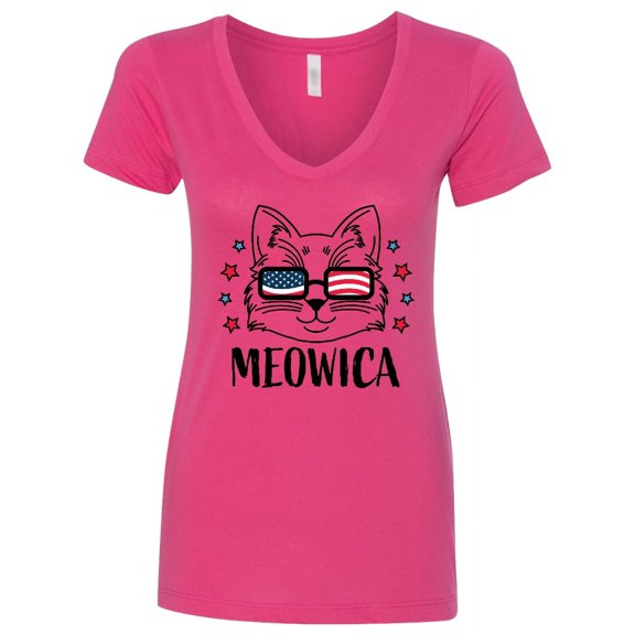 Inktastic 4th of July Meowica Cat in Flag Sunglasses Women's V-Neck T-Shirt