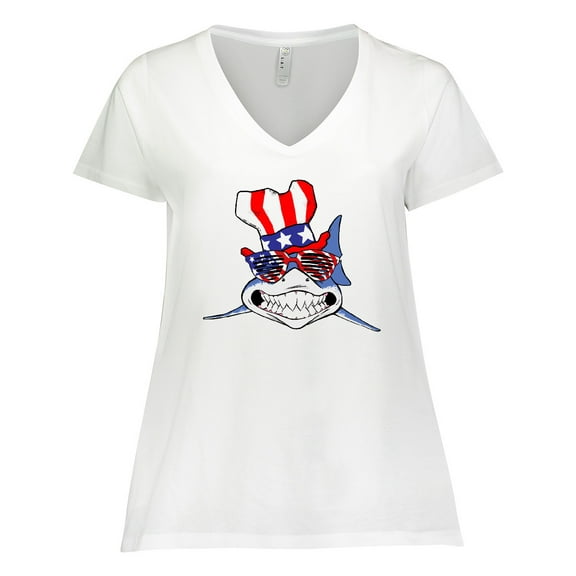 Inktastic 4th of July Patriot Shark Women's Plus Size V-Neck T-Shirt