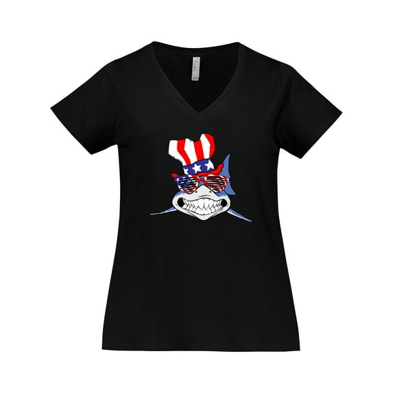 Inktastic 4th of July Patriot Shark Women's Plus Size V-Neck T-Shirt