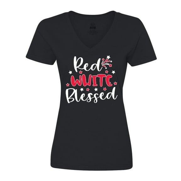 Inktastic 4th of July Red White Blessed Fireworks Women's V-Neck T-Shirt