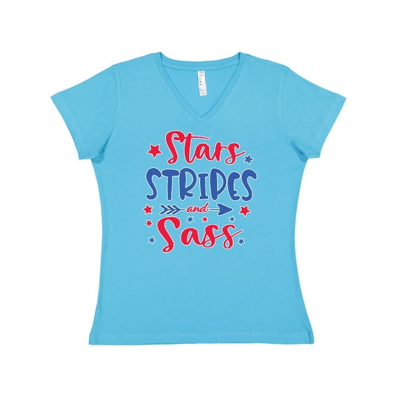 Inktastic 4th of July Stars Stripes and Sass Blue and Red Stars Women's V-Neck T-Shirt