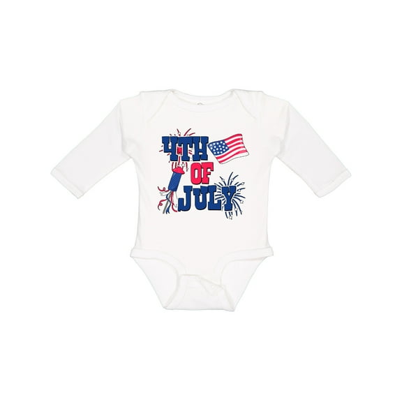 Inktastic 4th of July with Fireworks American Flag and Rocket Boys or Girls Long Sleeve Baby Bodysuit