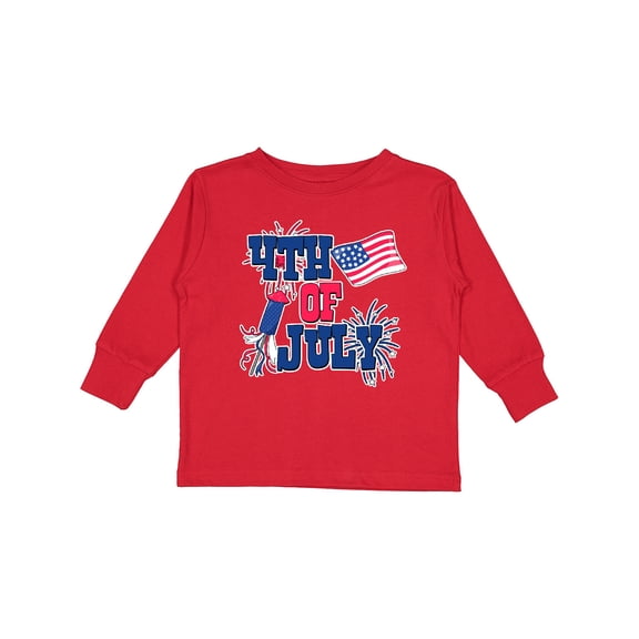 Inktastic 4th of July with Fireworks American Flag and Rocket Boys or Girls Long Sleeve Toddler T-Shirt