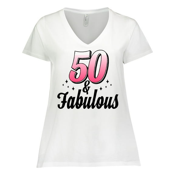 Inktastic 50 and Fabulous with Sparkles Women's Plus Size V-Neck T-Shirt