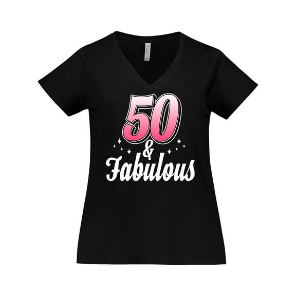 Inktastic 50 and Fabulous with Sparkles Women's Plus Size V-Neck T-Shirt