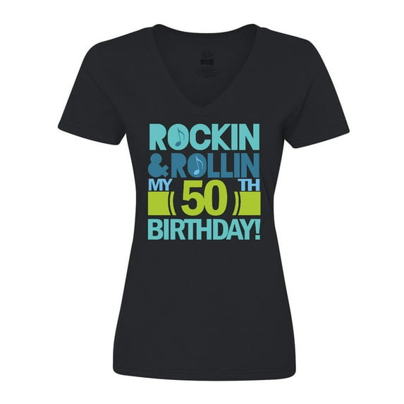 Inktastic 50th Birthday Rock N Roll Women's V-Neck T-Shirt