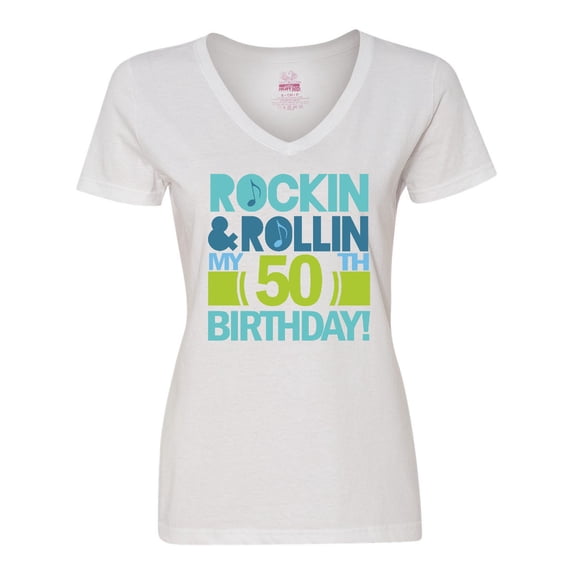 Inktastic 50th Birthday Rock N Roll Women's V-Neck T-Shirt