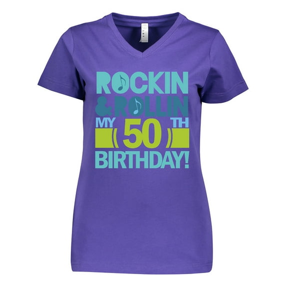 Inktastic 50th Birthday Rock N Roll Women's V-Neck T-Shirt
