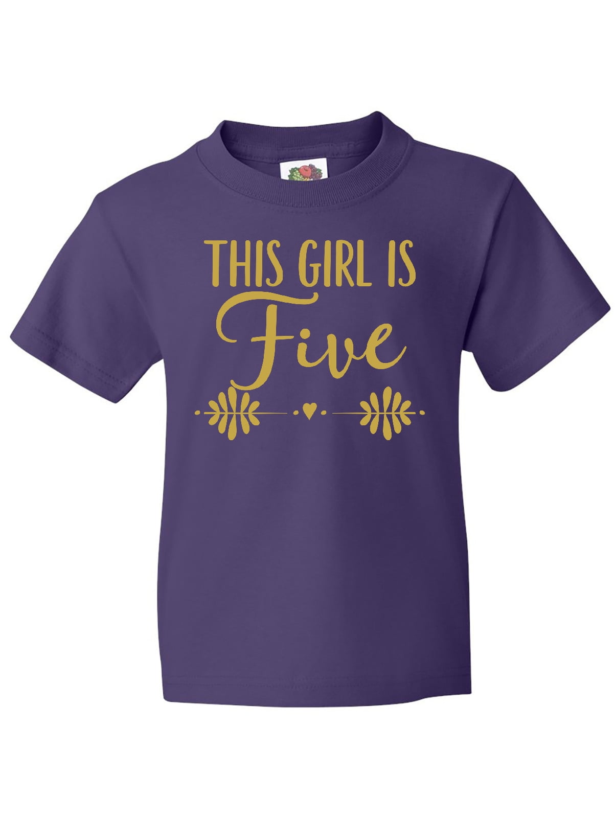 purple shirt with gold writing