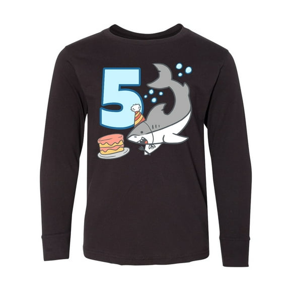 Inktastic 5th Birthday Shark with Cake Long Sleeve Youth T-Shirt