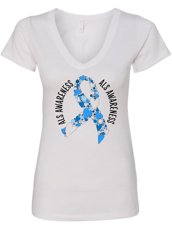 ALS Awareness Blue and White Ribbon Made of Hearts Women's V-Neck T-Shirt