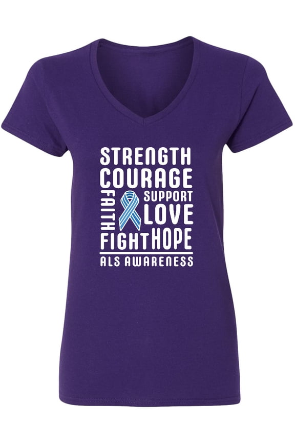ALS Awareness Strength Courage Support Women's V-Neck T-Shirt