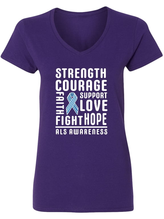 ALS Awareness Strength Courage Support Women's V-Neck T-Shirt