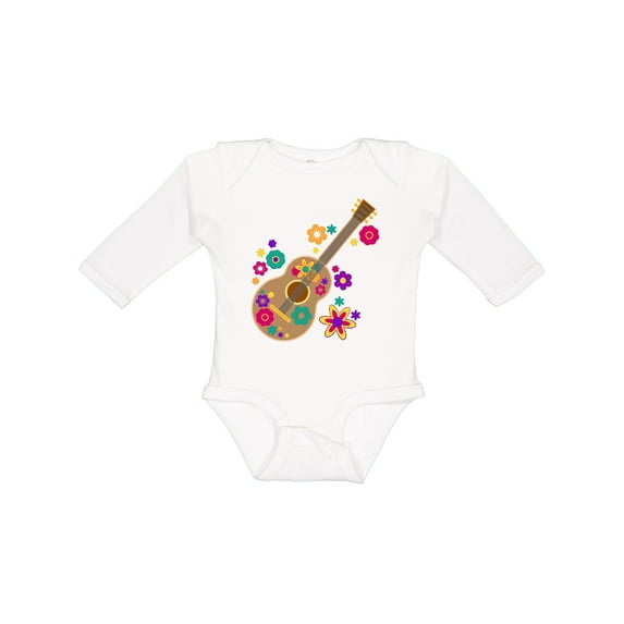 Inktastic Acoustic Guitar with Colorful Flowers Boys or Girls Long Sleeve Baby Bodysuit