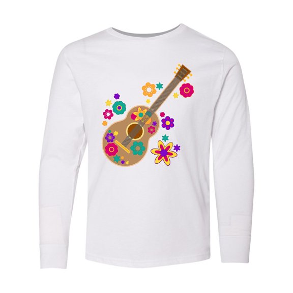 Inktastic Acoustic Guitar with Colorful Flowers Long Sleeve Youth T-Shirt