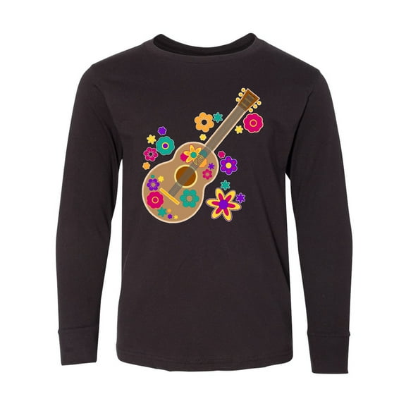 Inktastic Acoustic Guitar with Colorful Flowers Long Sleeve Youth T-Shirt