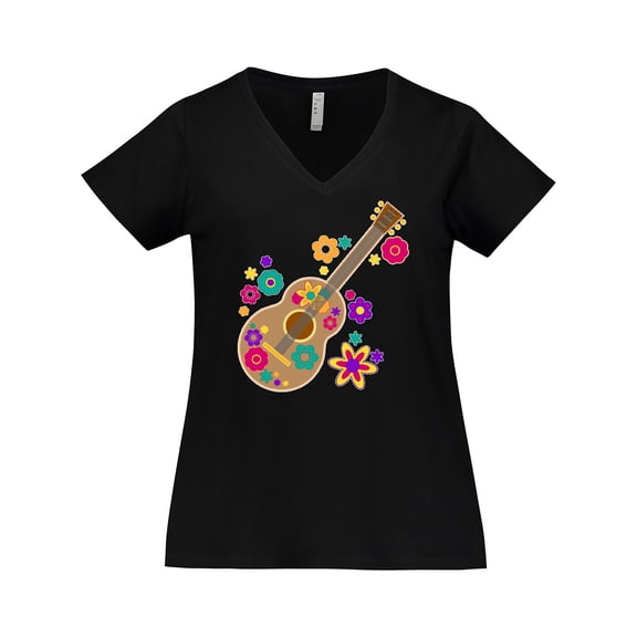 Inktastic Acoustic Guitar with Colorful Flowers Women's Plus Size V-Neck T-Shirt