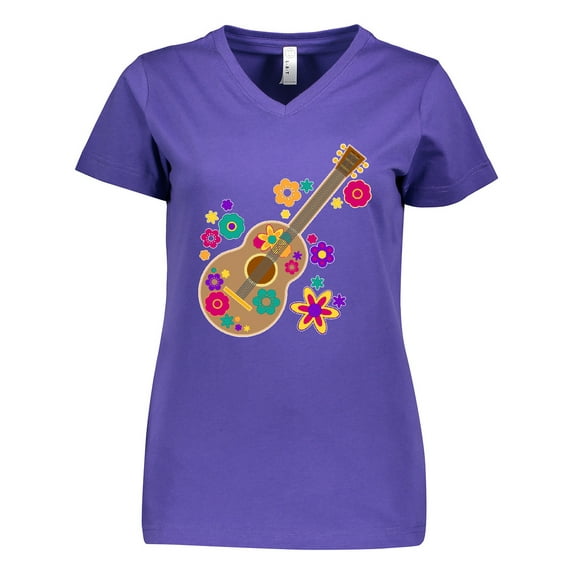 Inktastic Acoustic Guitar with Colorful Flowers Women's V-Neck T-Shirt