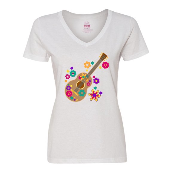 Inktastic Acoustic Guitar with Colorful Flowers Women's V-Neck T-Shirt