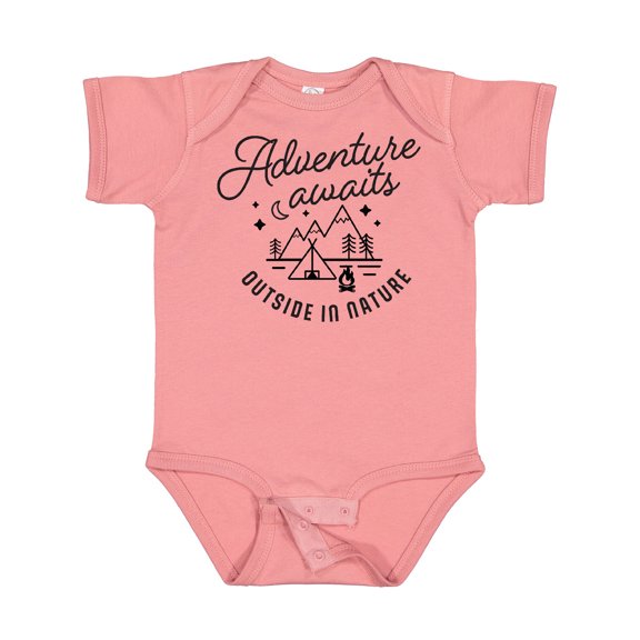 Inktastic Adventure Awaits Outside in Nature with Tent and Mountains Boys or Girls Baby Bodysuit