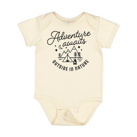 Inktastic Adventure Awaits Outside in Nature with Tent and Mountains Boys or Girls Baby Bodysuit