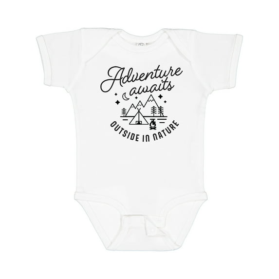 Inktastic Adventure Awaits Outside in Nature with Tent and Mountains Boys or Girls Baby Bodysuit