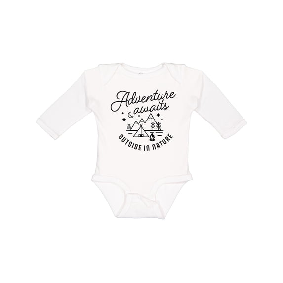 Inktastic Adventure Awaits Outside in Nature with Tent and Mountains Boys or Girls Long Sleeve Baby Bodysuit
