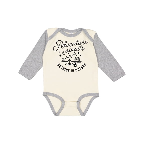 Inktastic Adventure Awaits Outside in Nature with Tent and Mountains Boys or Girls Long Sleeve Baby Bodysuit
