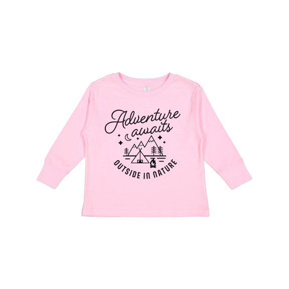 Inktastic Adventure Awaits Outside in Nature with Tent and Mountains Boys or Girls Long Sleeve Toddler T-Shirt