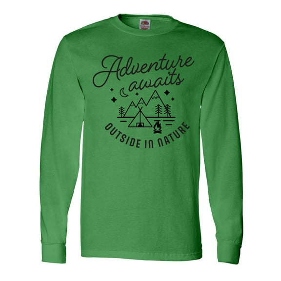 Inktastic Adventure Awaits Outside in Nature with Tent and Mountains Long Sleeve T-Shirt