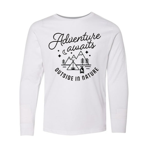 Inktastic Adventure Awaits Outside in Nature with Tent and Mountains Long Sleeve Youth T-Shirt