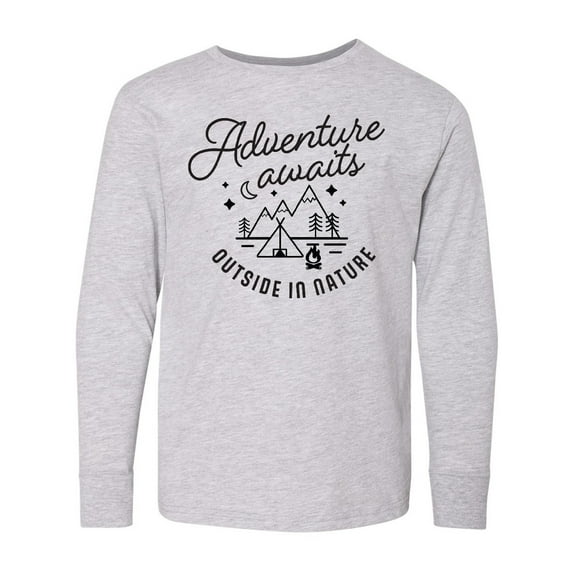Inktastic Adventure Awaits Outside in Nature with Tent and Mountains Long Sleeve Youth T-Shirt