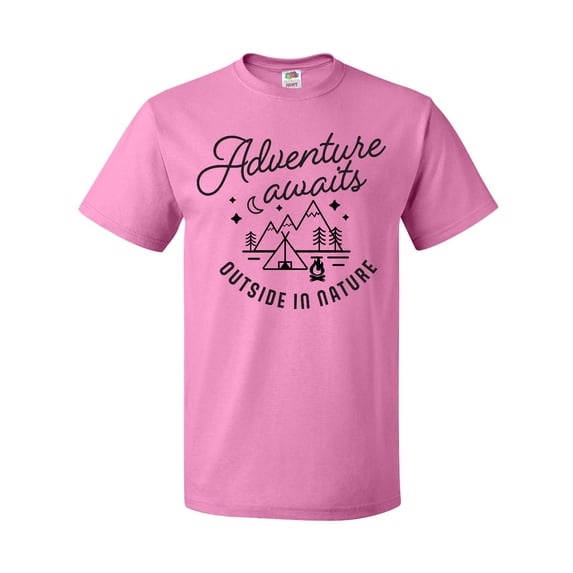 Inktastic Adventure Awaits Outside in Nature with Tent and Mountains T-Shirt