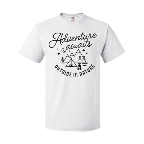 Inktastic Adventure Awaits Outside in Nature with Tent and Mountains T-Shirt