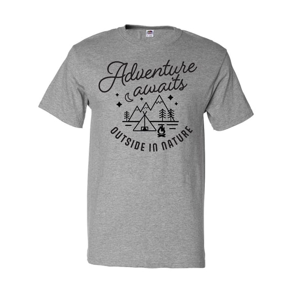 Inktastic Adventure Awaits Outside in Nature with Tent and Mountains T-Shirt