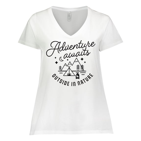 Inktastic Adventure Awaits Outside in Nature with Tent and Mountains Women's Plus Size V-Neck T-Shirt