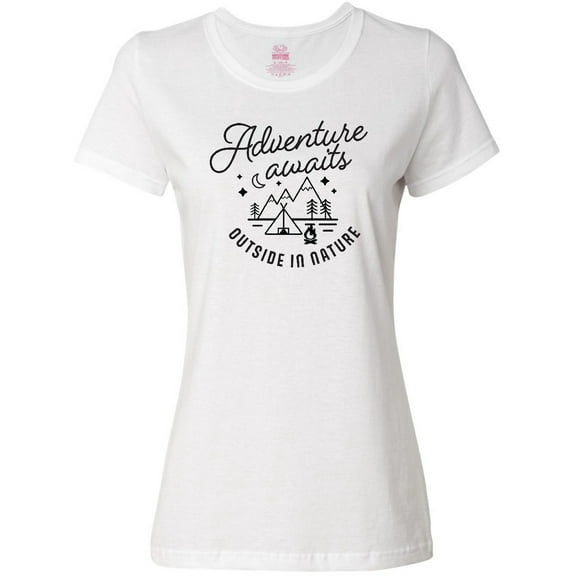 Inktastic Adventure Awaits Outside in Nature with Tent and Mountains Women's T-Shirt